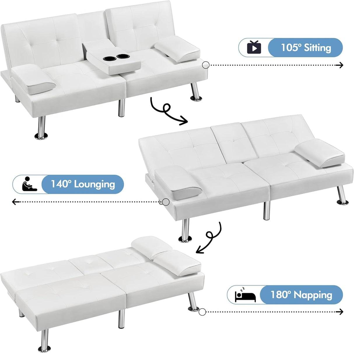Convertible Folding Futon Sofa Bed with Metal Legs & 2 Cupholders, Modern Fabric Linen Upholstered Couch Loveseat Sleeper, Folding Couches Bed, Removable Armrests for for Small Spaces (White) AnwickNomo