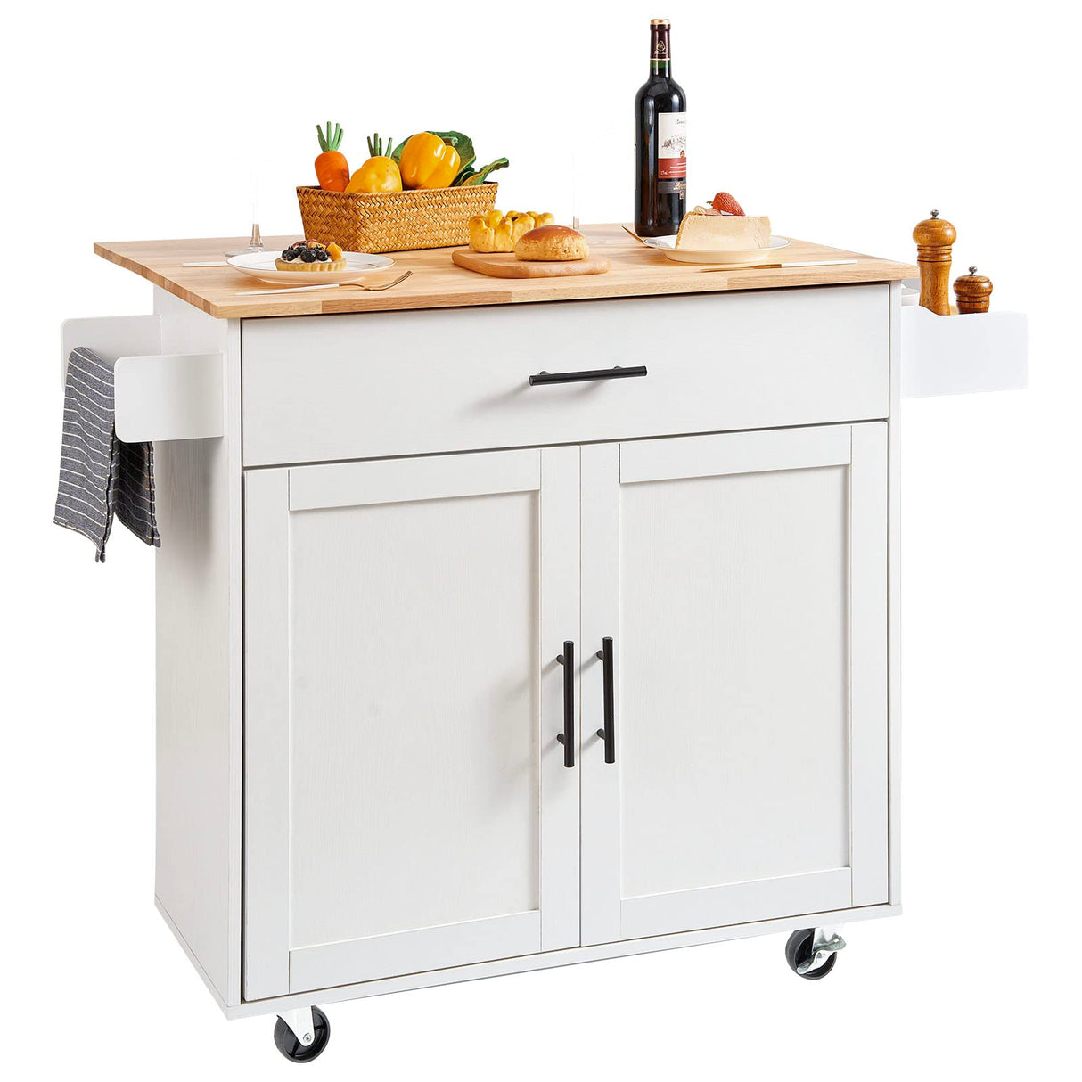 VEVOR Kitchen Island Cart with Solid Wood Top, 35.4" Width Mobile Carts with Storage Cabinet, Rolling Kitchen Table with Spice Rack, Towel Rack, Drop Leaf and Drawer, Portable Islands on Wheels, White VEVOR