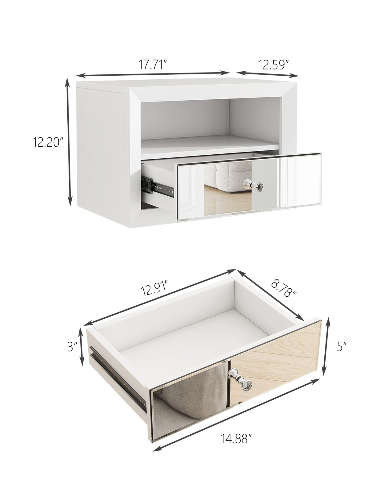 blingworld Floating Nightstand Mirrored, White Wall Mounted Night Stand with Mirrored Storage Drawer Premium Quality Floating End Table blingworld