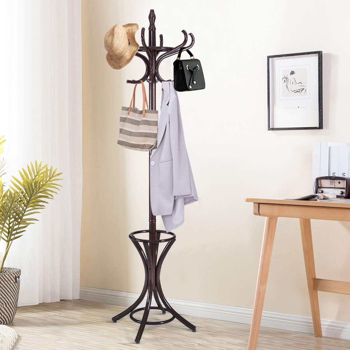 GOFLAME 73" Coat Rack Freestanding, Wooden Coat Tree with 12 Hooks and Umbrella Stand, Entryway Hall Tree, Hat Hanger Organizer, Coat Rack Stand for Coats, Hats, Scarves, Bags, Easy Assembly, Brown GOFLAME