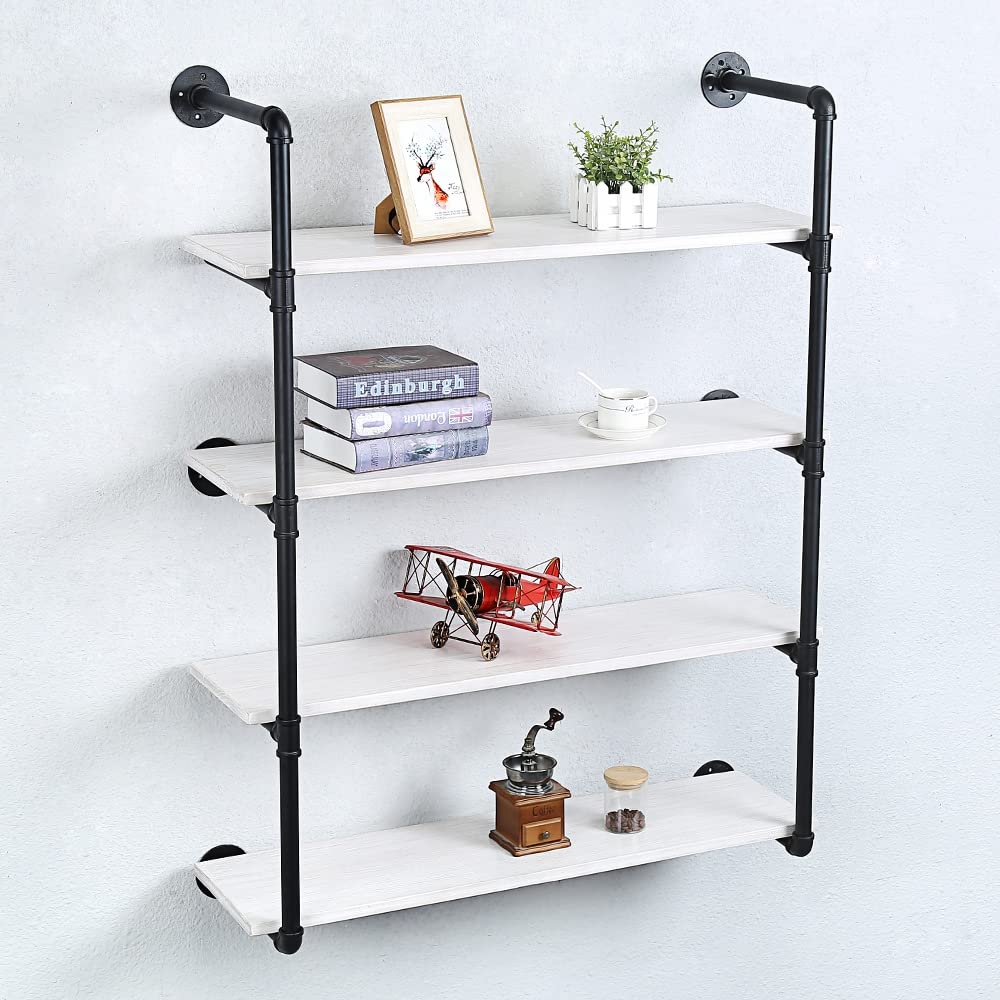Industrial Pipe Shelving Wall Mounted,36in Rustic Metal Floating Shelves,Steampunk Real Wood Book Shelves,Wall Shelf Unit Bookshelf Hanging Wall Shelves,Farmhouse Kitchen Bar Shelving(4 Tier) OLDRAINBOW