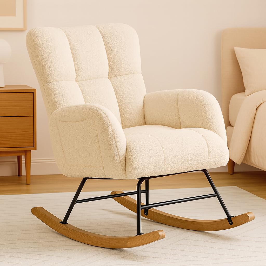 COMHOMA Nursery Rocking Chair, Teddy Upholstered Glider with Side Pockets, Accent Chair with High Backrest Reading Chair for Adult, Nursery, Bedroom, Living Room,Offices(Beige) COMHOMA