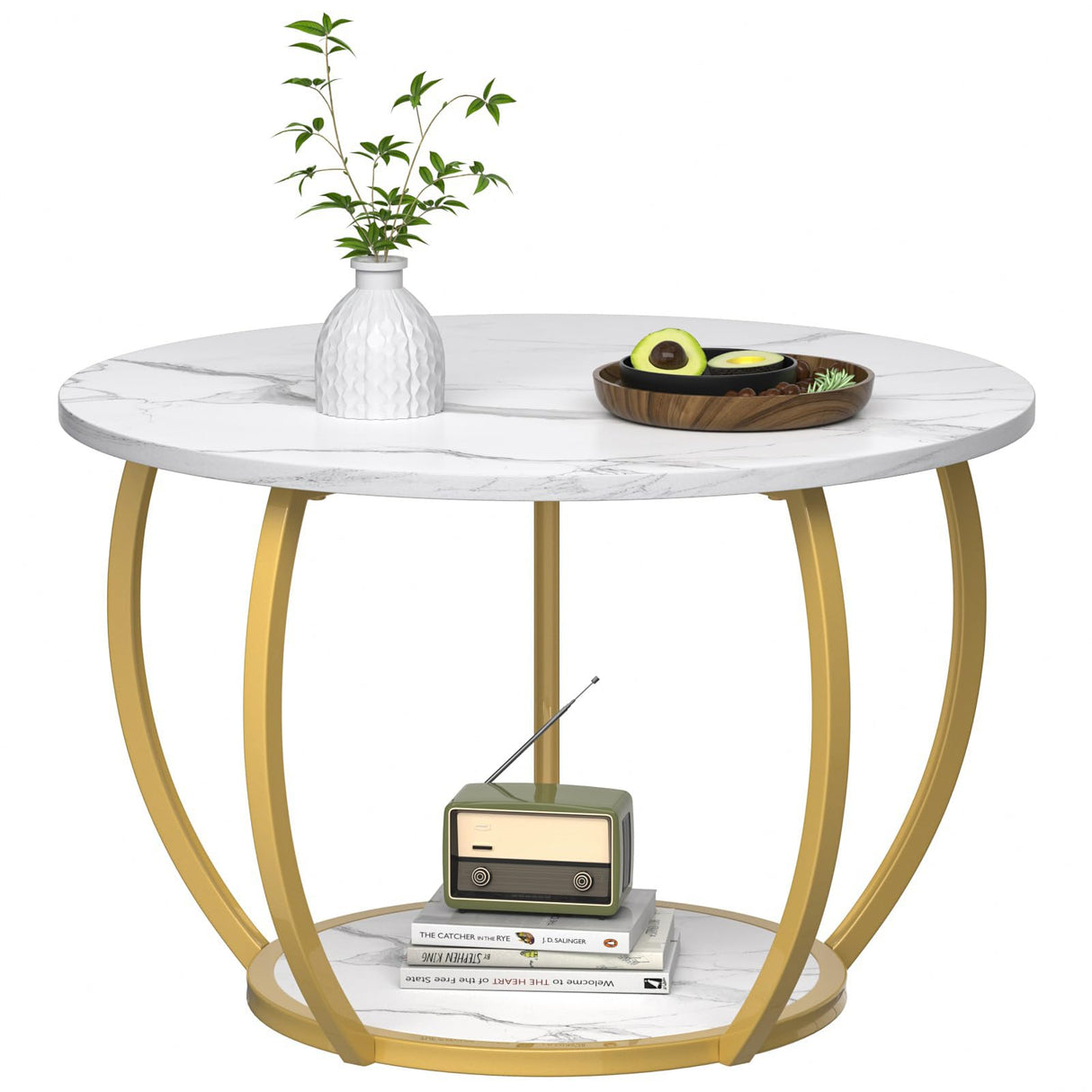 GreenForest Round Coffee Table with Storage, 27.6 inch Small Living Room Tables with Adjustable Feet, 2-Tier Farmhouse Center Table for Home Office, Marble GreenForest