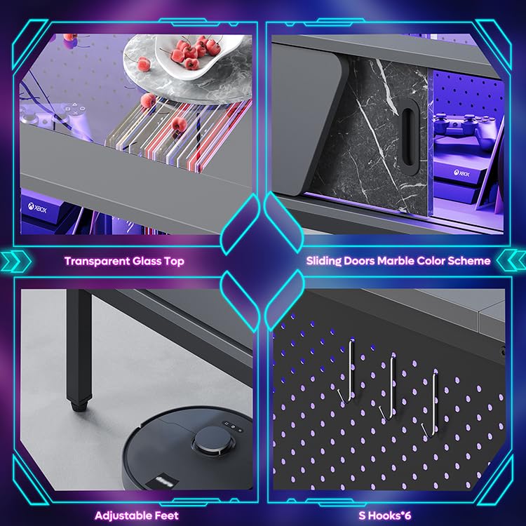 Bestier 42 Inch LED Coffee Table with Storage Glass Coffee Tables for Living Room with Sliding Doors, Black Living Room Center Table Bestier