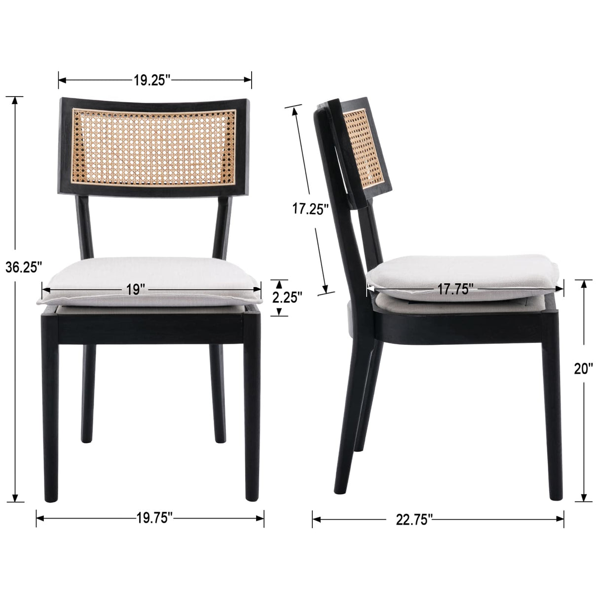 QUINJAY Rattan Farmhouse Dining Chairs Set of 4, Linen French Country Dining Chairs with Hollow Back, Double Upholstered Dining Room Chairs Rustic Kitchen Chairs with Wood Frame for Living Room, Black QUINJAY