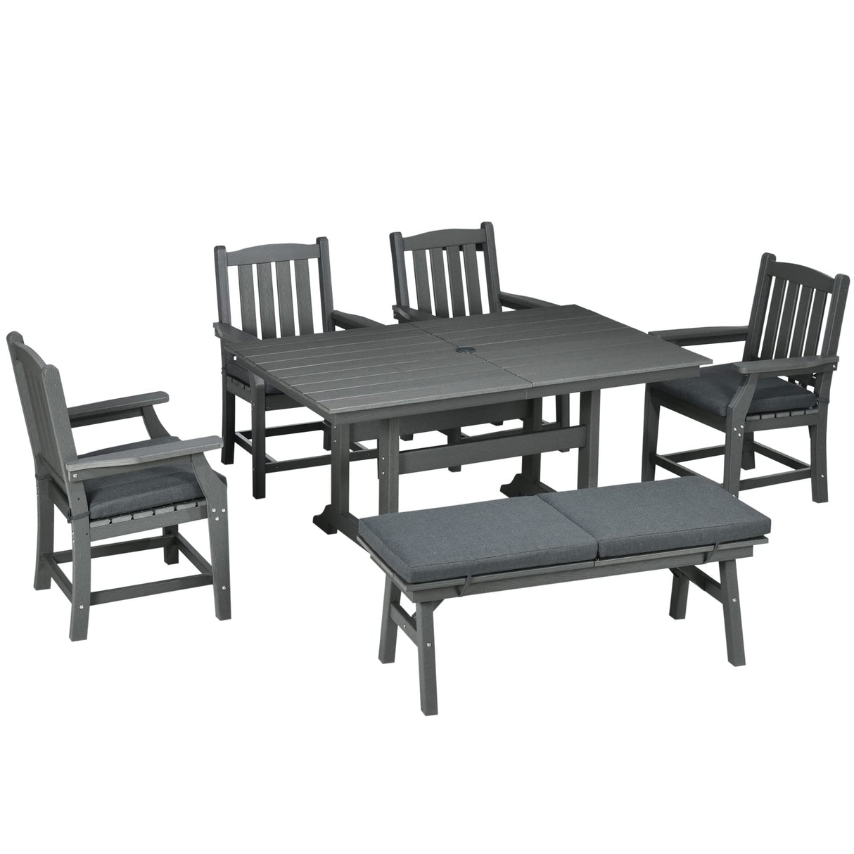 Outsunny 6 Pieces Patio Dining Set, 6 Seater Outdoor Table and Chairs, Conversation Furniture, Armrests, Loveseat Bench, Dinner Table with Umbrella Hole, Cushions, Dark Gray Outsunny