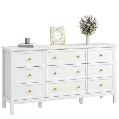 CARPETNAL 9 Drawer White Dresser for Bedroom with Deep Drawers, Large Dressers & Chest of Drawers With Gold Handle, Modern Long Dressers for Closet Bedroom, Living Room (59.25" W x 15.75" D x 30.9" H)