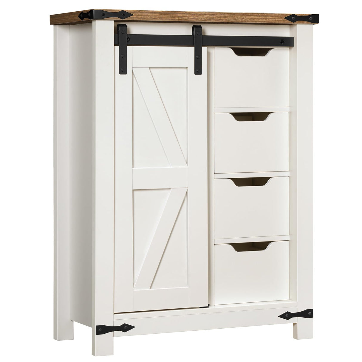 HOOBRO Bathroom Storage Cabinet, Farmhouse Kitchen Pantry Cabinet with Sliding Barn Door, Adjustable Shelf and 4 Drawers, Large Capacity, 11.8" D x 23.6" W x 31.9" H, Easy Assembly, White and Walnut HOOBRO