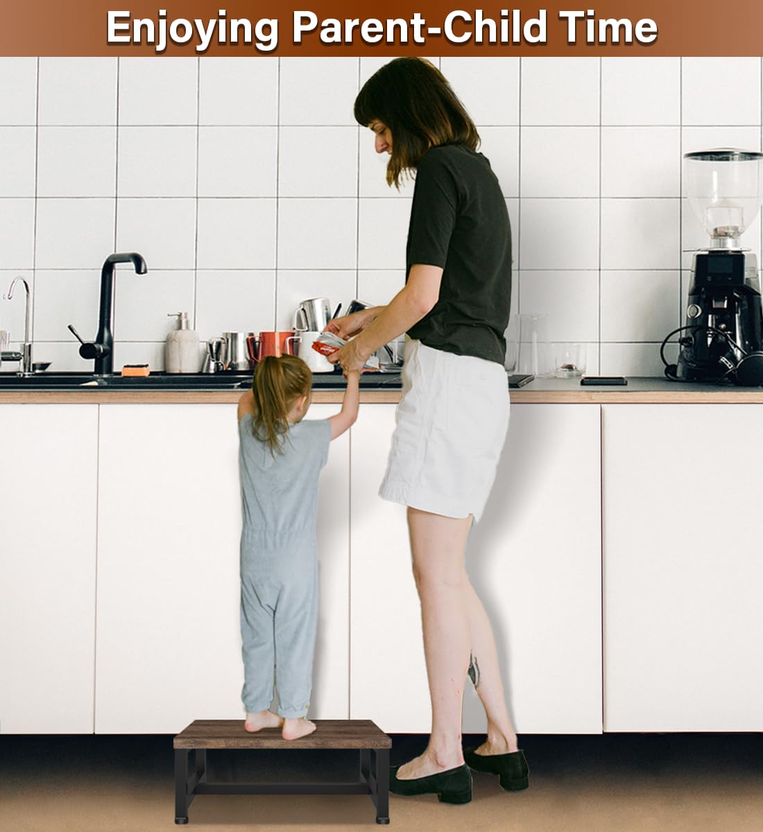 Tigerden Wooden Step Stool for Toddlers Kids and Adults, Heavy Duty Stepping Stools with 300 LB Load Capacity, Foot Step Stool for Bed, Bedroom, Living Room, Bathroom, Kitchen- Rustic Brown & Black Tigerden