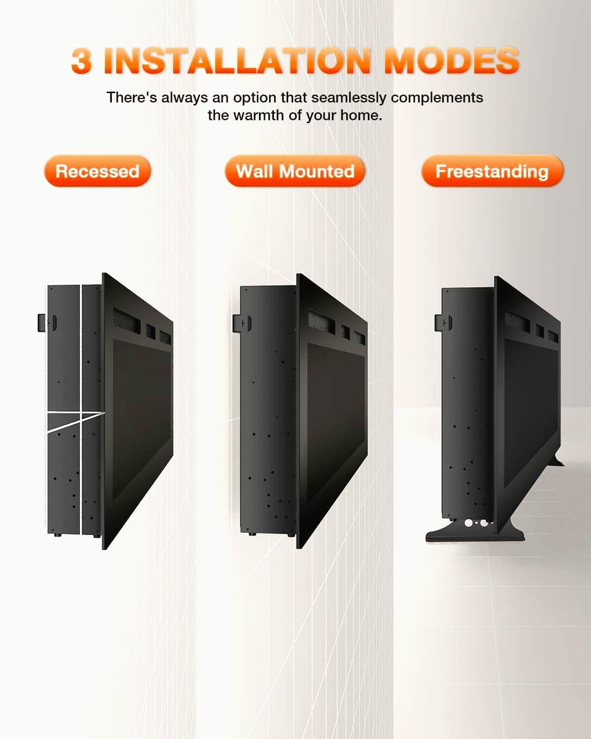 VISVEIL Electric Fireplace 60Inch,Wall Mounted Electric Fireplace Heater with Timer Inserts,TV Stand Touch Screen and Realistic Flame,Log Set,Crystal Flames 750 to 1500W,Remote for Living Room VISVEIL