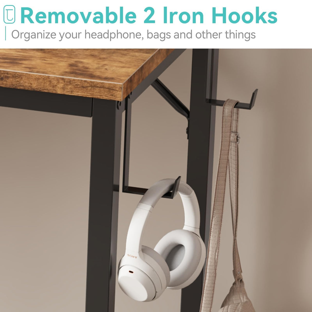 Lufeiya Small Desk for Small Spaces, 32 Inch Kids Girls Study Writing Desks for Bedroom, Simple Modern Laptop PC Little Side Table with Storage Bag Headphone Hooks, Rustic Brown Lufeiya