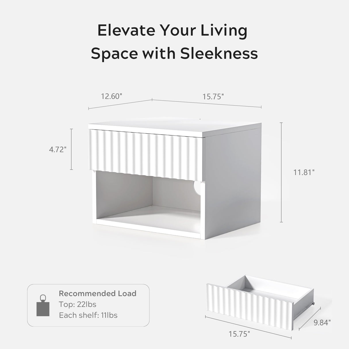 EYYTHUNG Fluted Wall Nightstand Set of 2 with Drawer, Modern Floating Night Stand with Fluted Door and Open Storage Shelf Wall Mounted Bedside Table for Bedroom Bathroom Entryway, White EYYTHUNG
