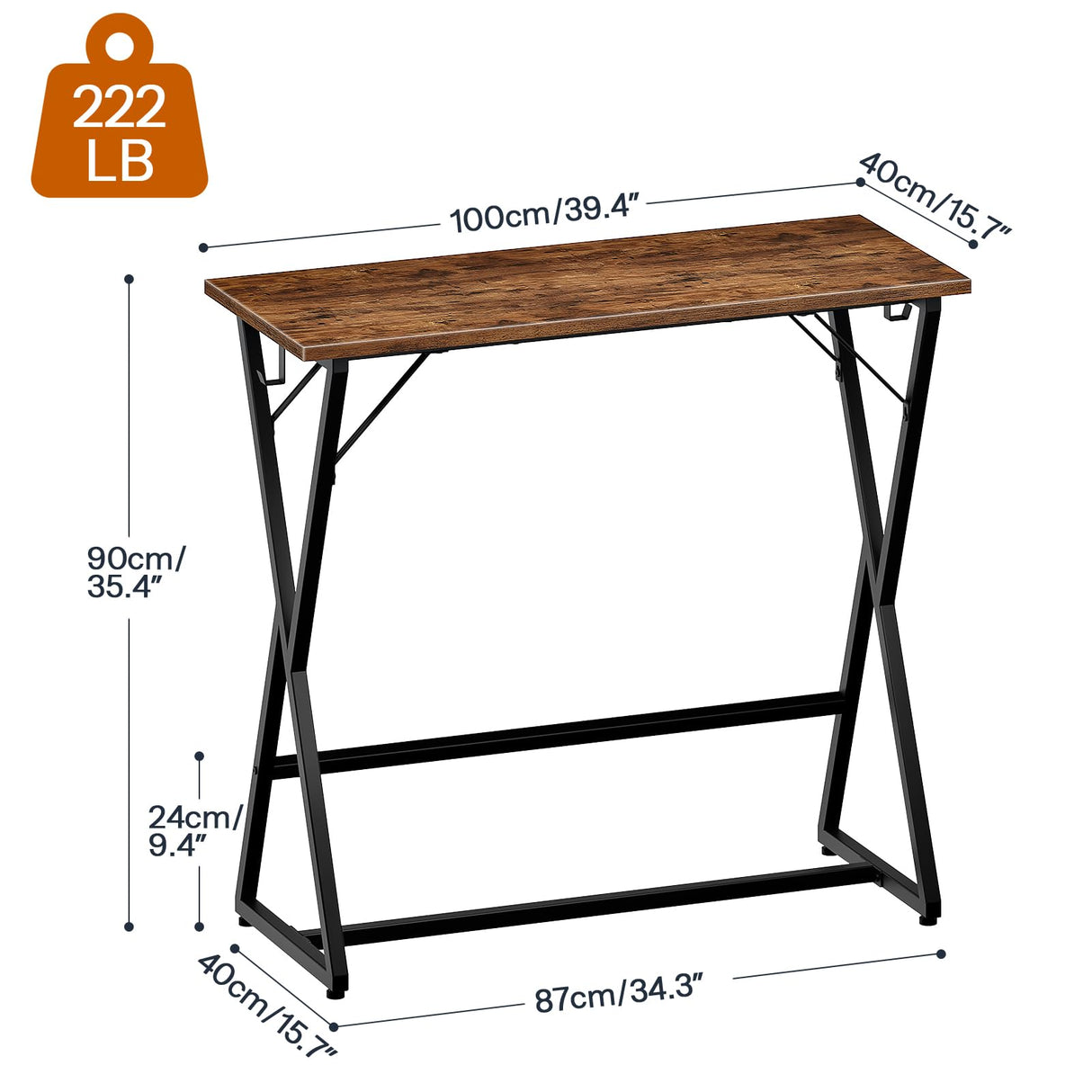HOOBRO 39.4 Inch Bar Table, Counter Height Rectangular Bar Table, Pub Dining Table, Metal Frame with Footrest and 2 Hooks, for Narrow Space, Bistro and Living Room, Rustic Brown and Black BF67BT01 HOOBRO