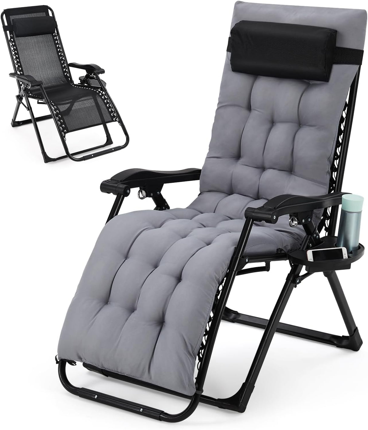 Garvee Lounge Chair Supports Indoor/Outdoor Adjustable Folding Recliner with 29 Inch Seat, Removable Cup Holder & Headrest Grey Garvee