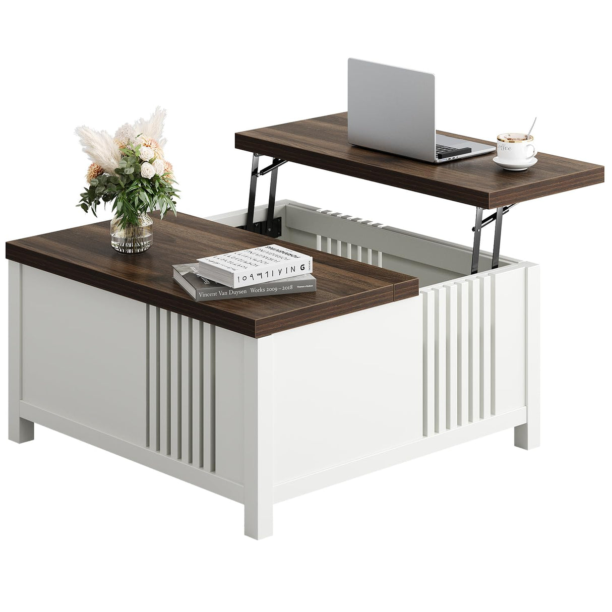 knoworld Farmhouse Lift Top Coffee Table with Storage, 35" Square Large Coffee Table with Hidden Compartment, Rustic Wood Center Table for Living Room, White knoworld