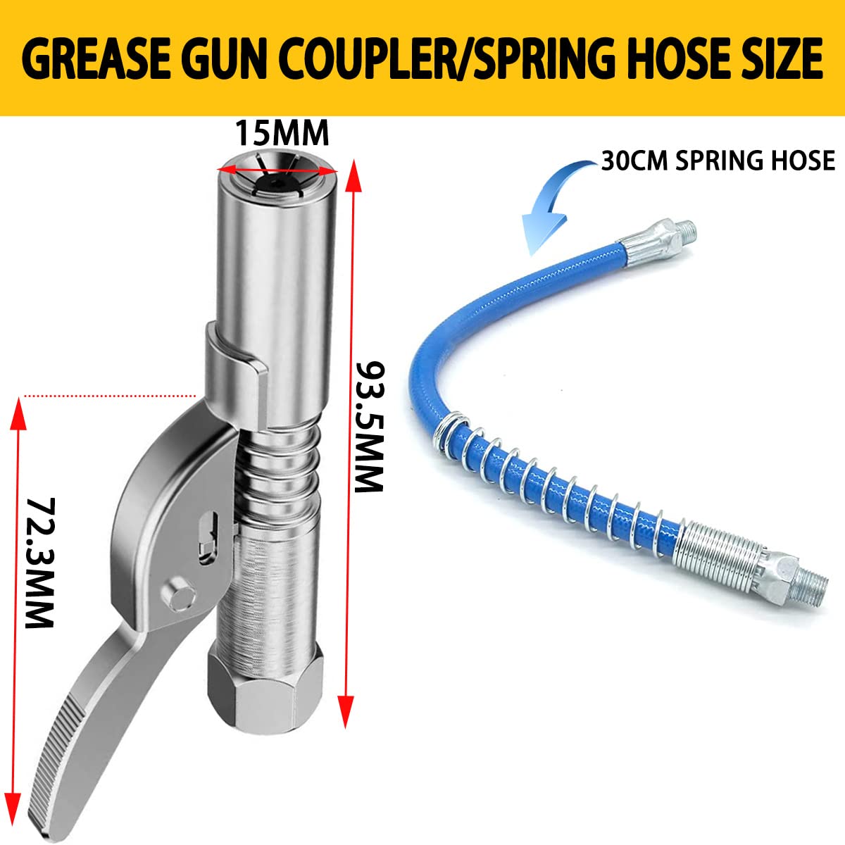 AORRZER Grease Gun Coupler, Strong Lock on Greases Gun Couplers, 12000 PSI Quick Release Grease Coupler with 12" Spring Flex Hose, Compatible with All Grease Guns 1/8" NPT Grease Gun Fitting(1 PCS) AORRZER