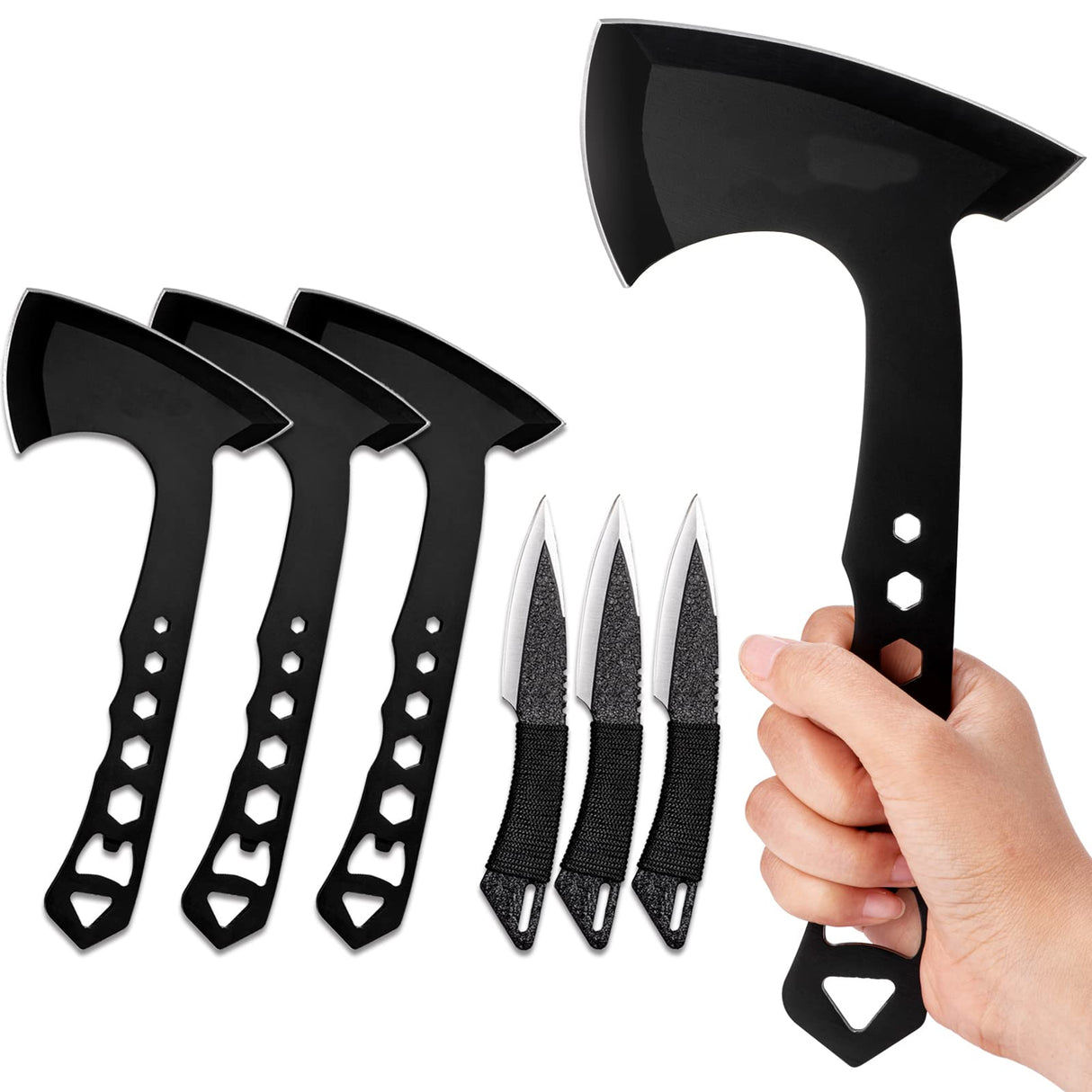 TIMINGILA Throwing Axes Tomahawks, 3 Pack One Piece Steel Throwing Axe, 10.6" Full Tang Hatchet Throwing with Nylon Sheath and Built-in Bottle Opener for Camping, Game, Competition and Recreation TIMINGILA