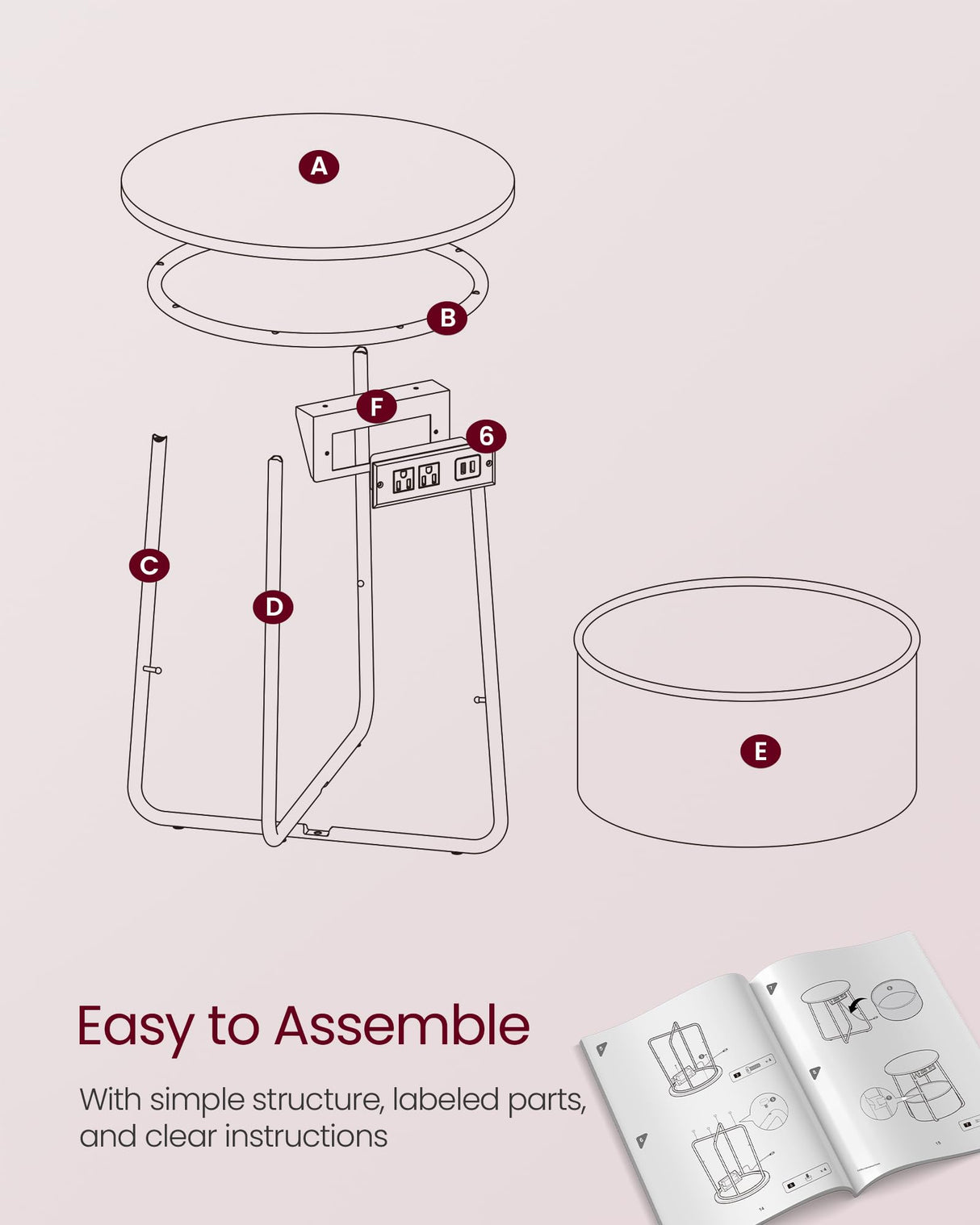 VASAGLE Side Table with Charging Station, Round End Table With Fabric Basket, Nightstand with Power Outlets USB Ports, for Living Room, Bedroom, Modern, Jelly Pink and Cream White ULET228R01 VASAGLE