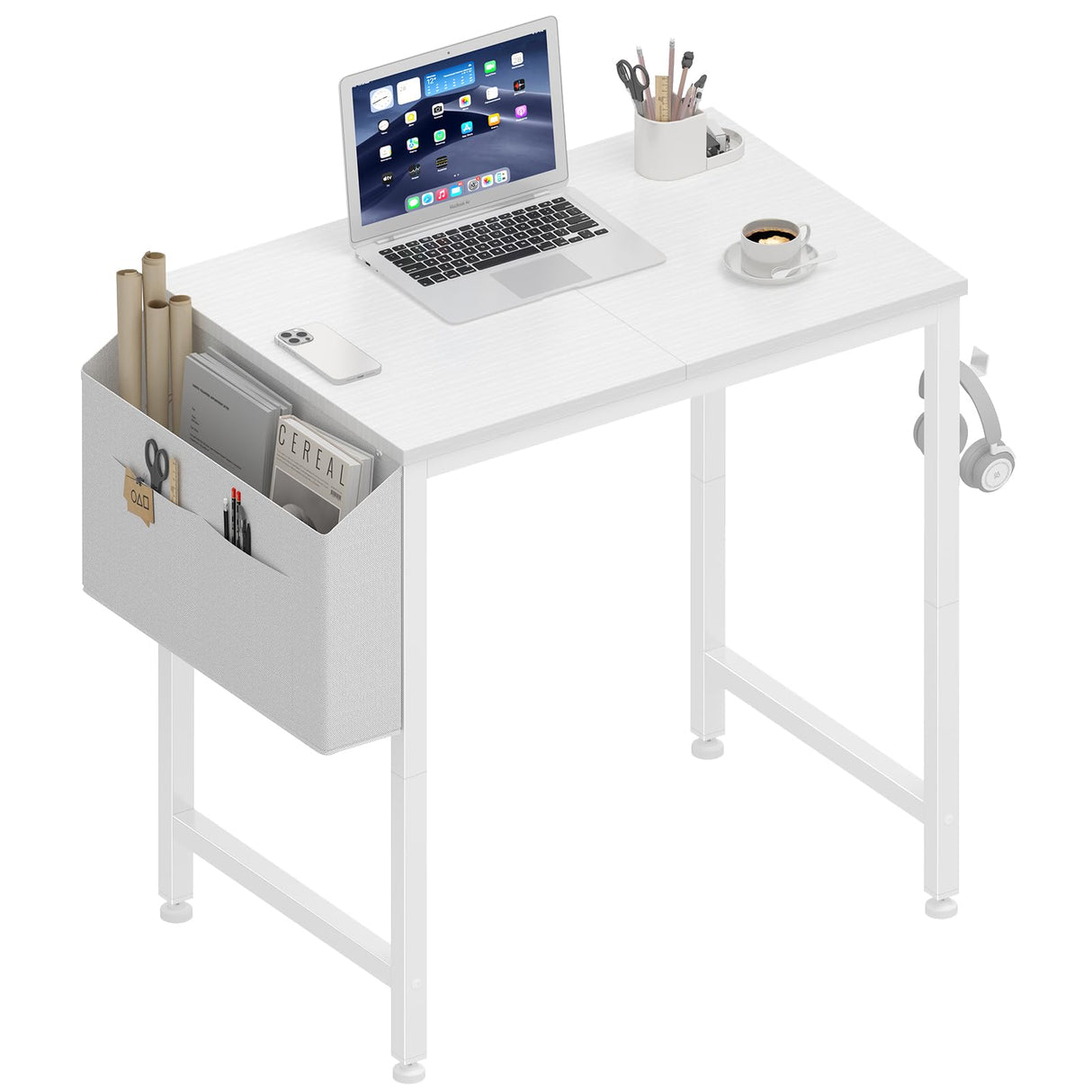 Lufeiya Small White Desk for Small Spaces, 24 Inch Kids Girls Study Writing Mini Desks for Bedroom, Simple Modern Laptop PC Little Side Table with Storage Bag Headphone Hook, White Lufeiya