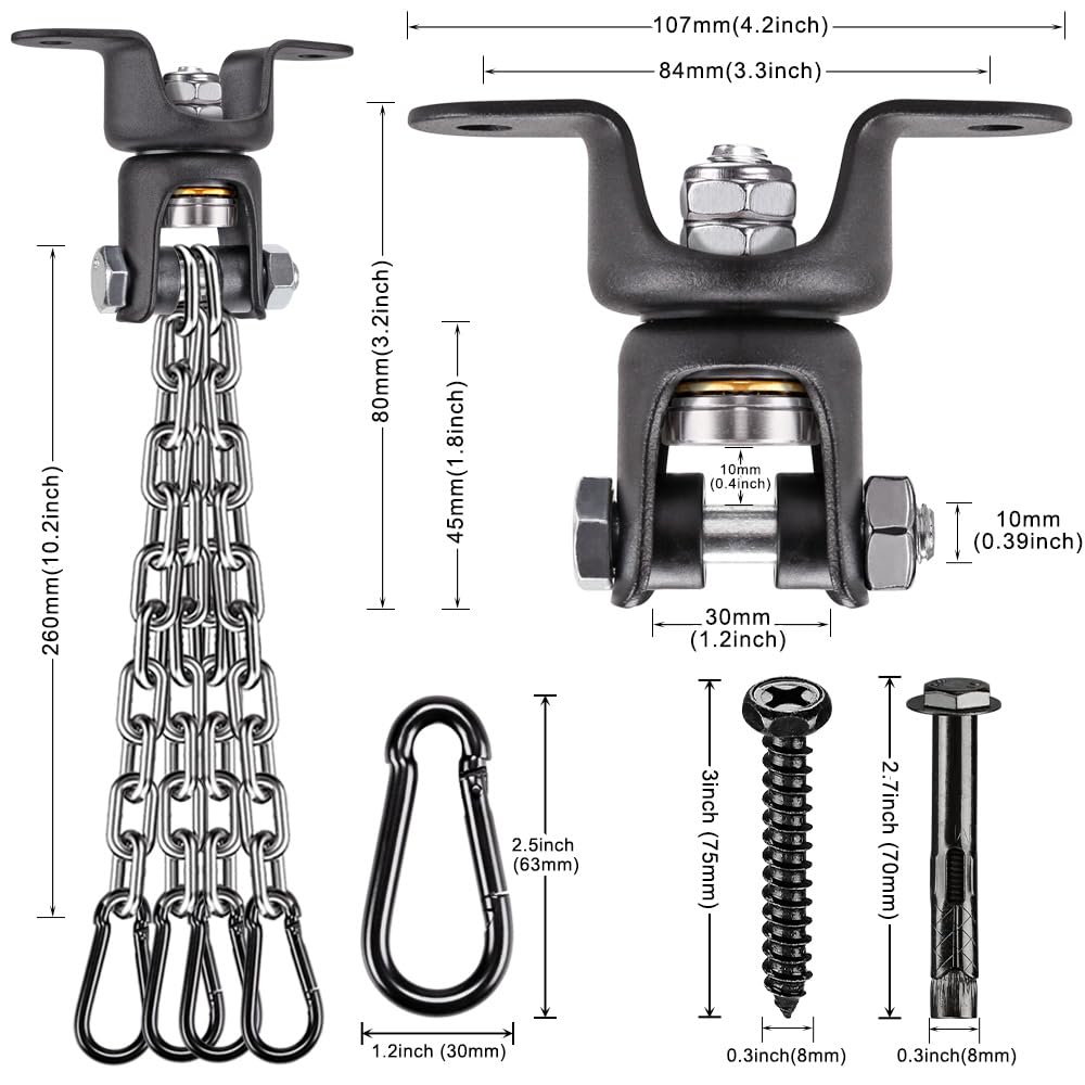 BeneLabel Heavy Duty Boxing Punching Bag Chain, 800 LB Capacity, 360° Rotation Wood Beam Holder with 4 Chains and 4 Carabiners, 2 Wood Screws for Wooden Sets BeneLabel