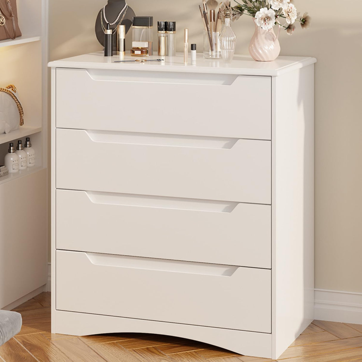 Gizoon 4 Drawer Dresser for Bedroom, Sturdy White Chest of Drawers with Anti-Tip Device, Modern Large Capacity Storage Furniture for Closet, Embedded Handles, Space-Saving Design, Wooden Finish, White Gizoon