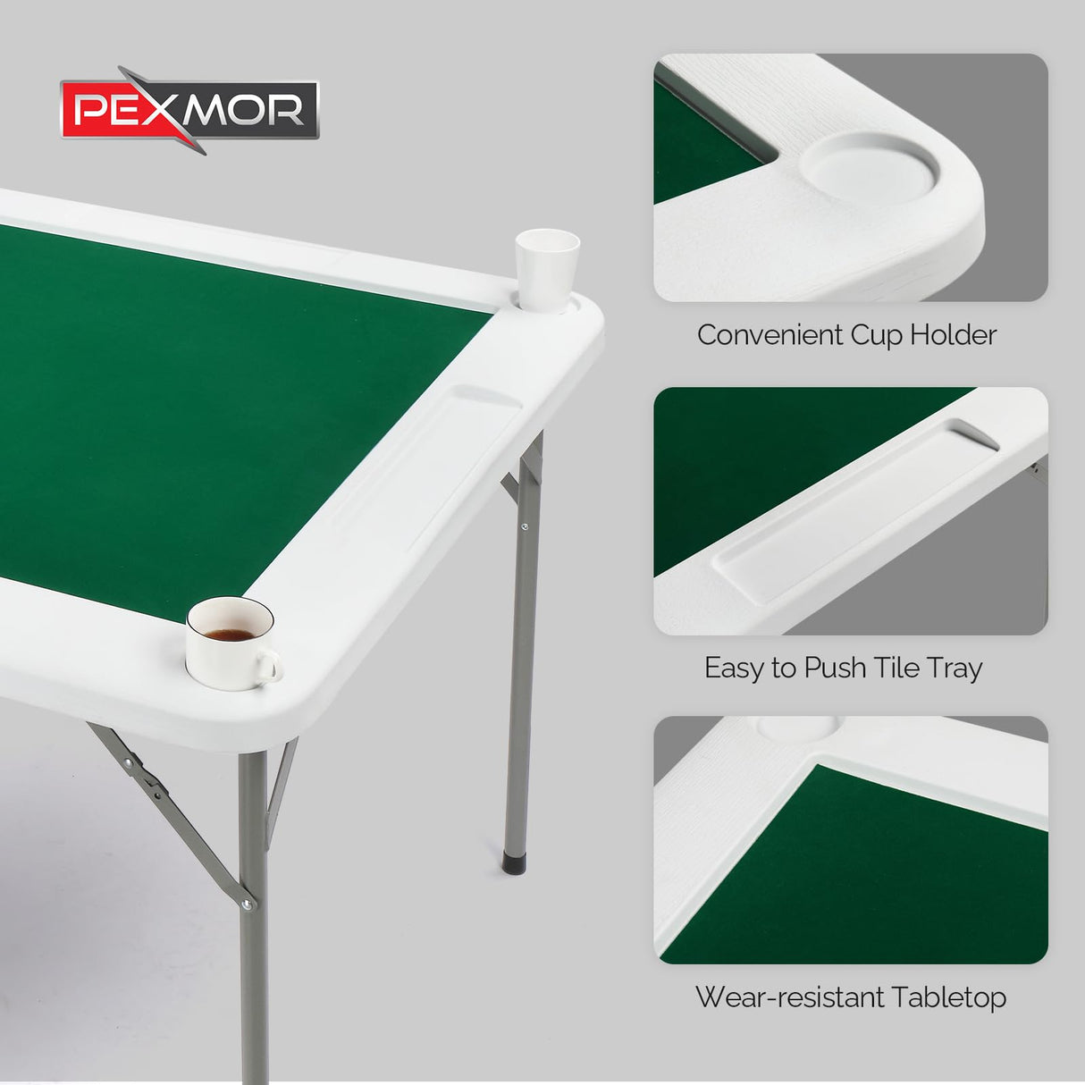 PEXMOR 39.5" Foldable Mahjong Table, Square 4 Player Card Game Table w/Cup Holders & Chip Grooves, Portable Folding Poker Domino Board Game Table for Blackjack, Texas Hold'em, Jigsaw Puzzles Game PEXMOR