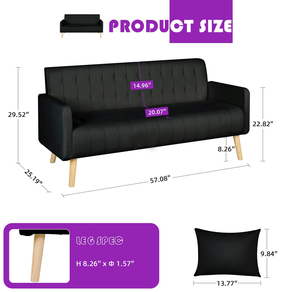 TYBOATLE Mid-Century Modern Striped PU Leather Loveseat Sofa w/ 2 USB Charging Ports, Love Seats Couches w/Pillow for Small Space, Living Room, Office, Apartment, Dorm, Office, 57“ W(White) (Black) TYBOATLE