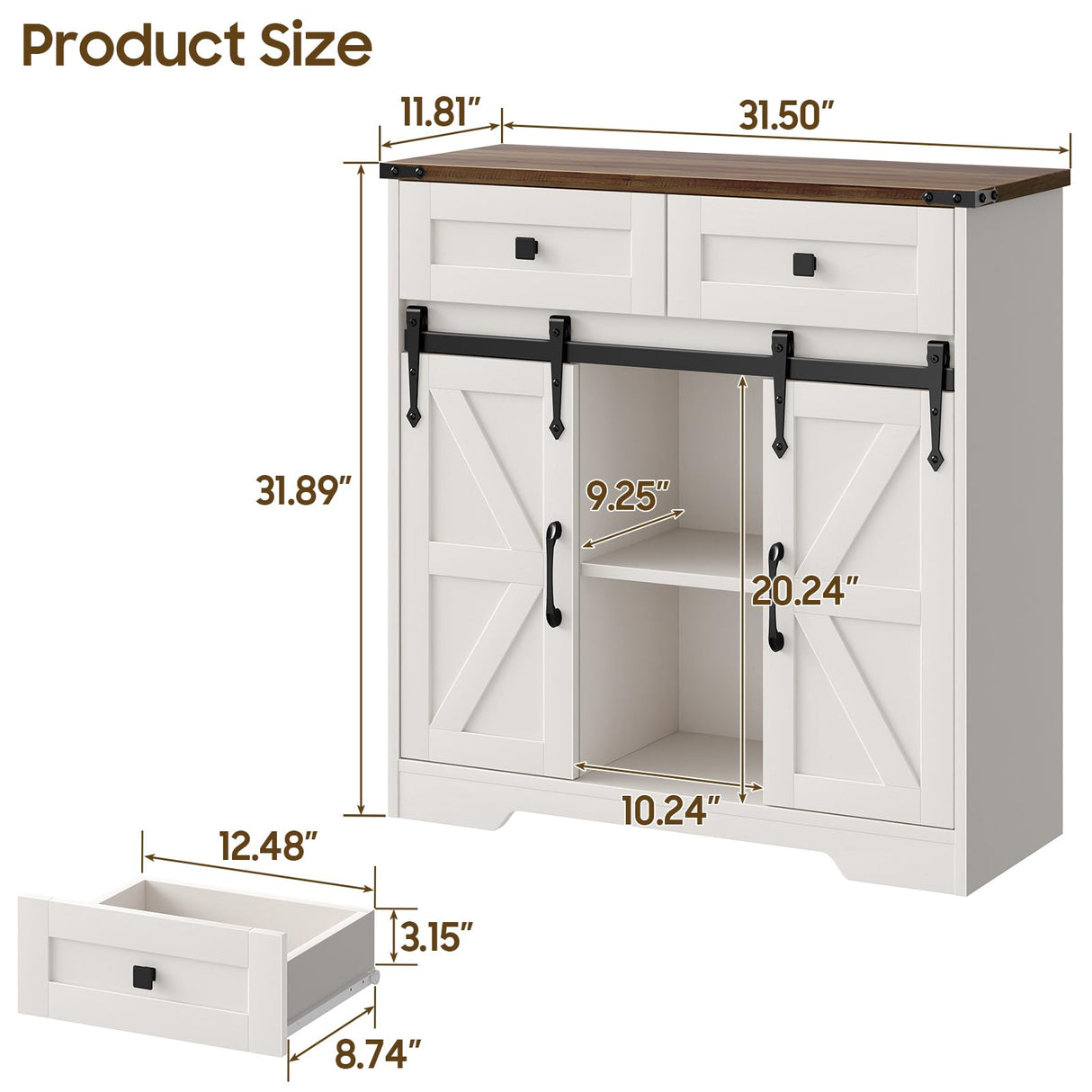 Befrases Farmhouse Storage Cabinet, Bathroom Cabinet with 2 Sliding Barn Doors, Floor Storage Cabinets with Adjustable Shelves and 2 Drawers for Kitchen, Living Room, Dining Room, White Befrases