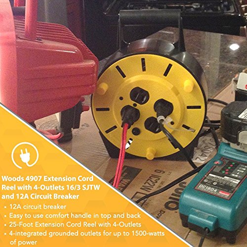 Woods 4907 Extension Cord Reel with 4-Outlets 16/3 SJTW and 12A Circuit Breaker, 25-Foot Woods