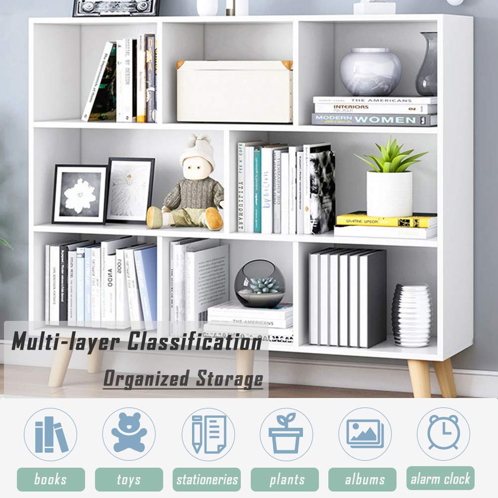 IOTXY Wooden Open Shelf Bookcase - 3-Tier Floor Standing Display Cabinet Rack with Legs, 8 Cubes Bookshelf, Warm White IOTXY