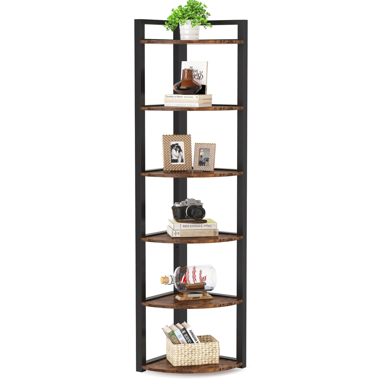 Versatile 6 Tier Rustic Corner Shelf Unit – 70.9 Inch Tall Storage Rack for Living Room, Home Office, and Small Spaces Tribesigns