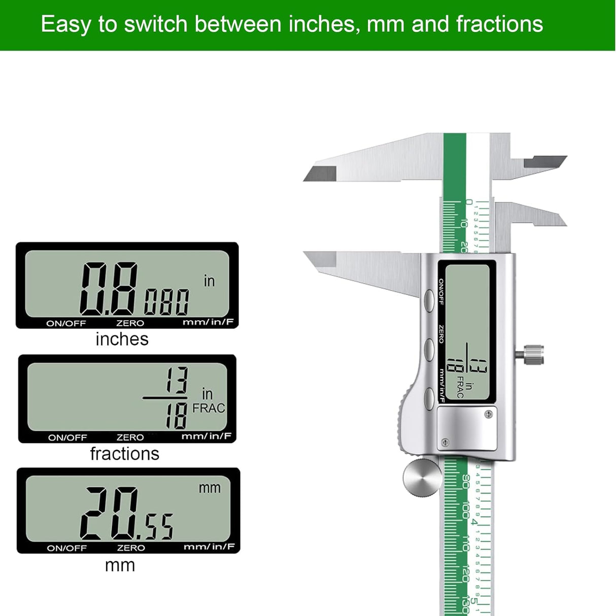 HDLNAK Digital Vernier Caliper Measuring Tool with Large LCD Screen, Stainless Steel Vernier Caliper Digital Micrometer, Easy Switch from Inch Metric Fraction, 6 Inch Caliper Tool for Household/DIY HDLNKAK