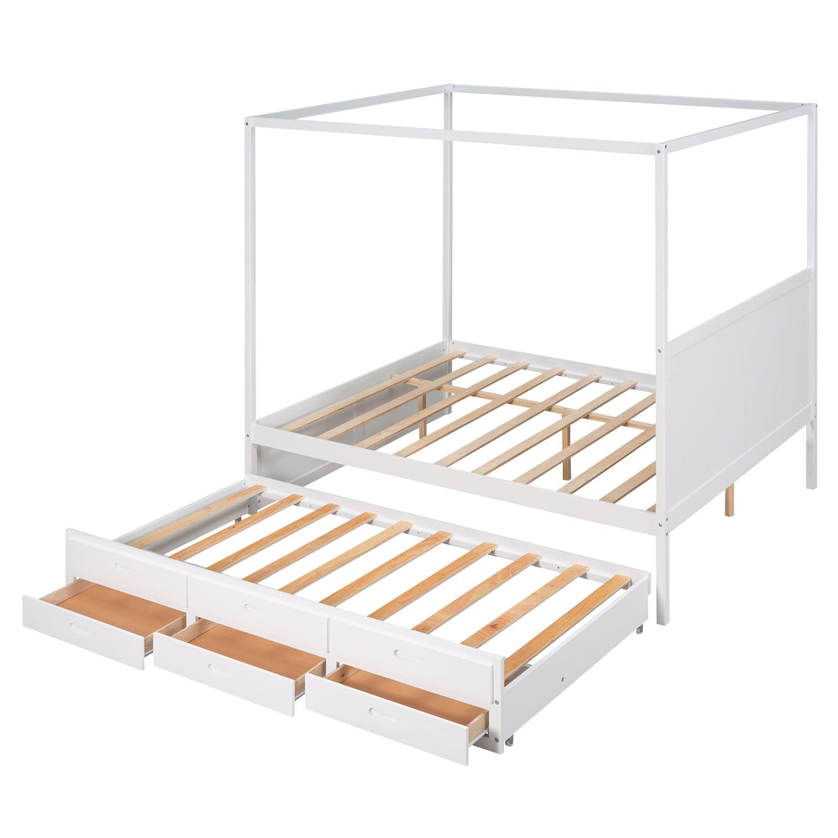 Polibi Queen Size Canopy Platform Bed with Twin Size Trundle, Wooden Daybed Frame with 3 Storage Drawers, White Polibi