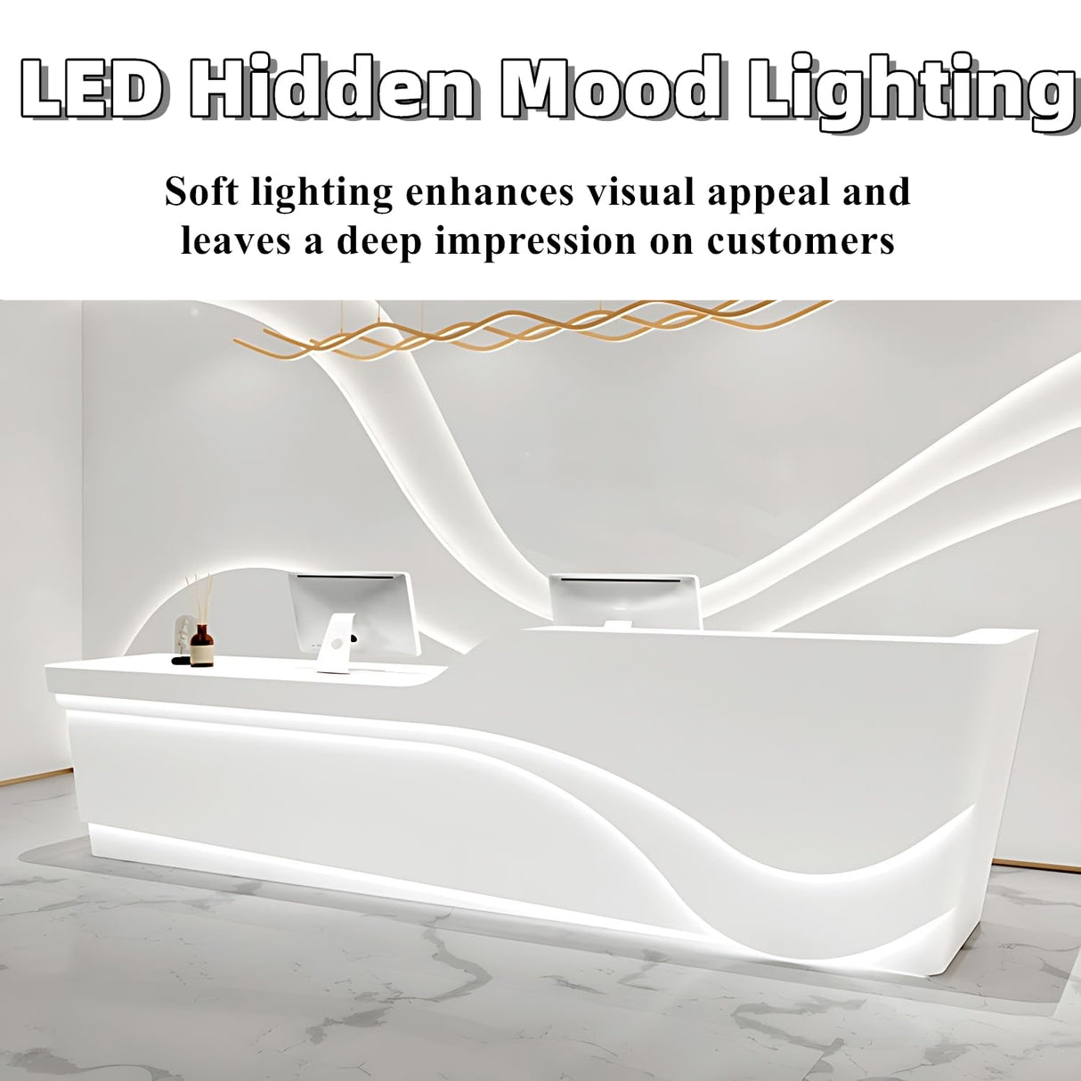 Reception Desk - Modern Front Desk with Retail Counter, Checkout Counter, Features Hidden LED Lighting, Ample Storage Space, Solid Wood Construction, No Assembly Required (White & Gray, 76") ZGNBSD