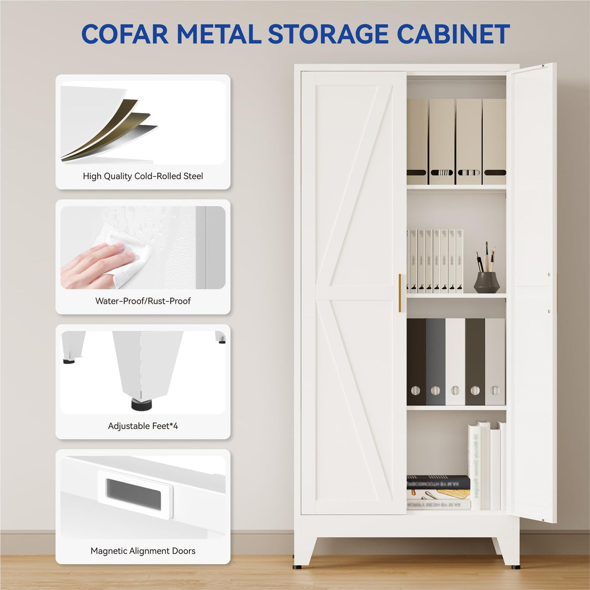 COFaR Metal Storage Cabinet, 61 in Tall Metal Cabinet with 3 Adjustable Shelves and Barn Doors, Farmhouse Accent Cupboard for Garage Kitchen Pantry Office Laundry, White 4 Tiers COFaR