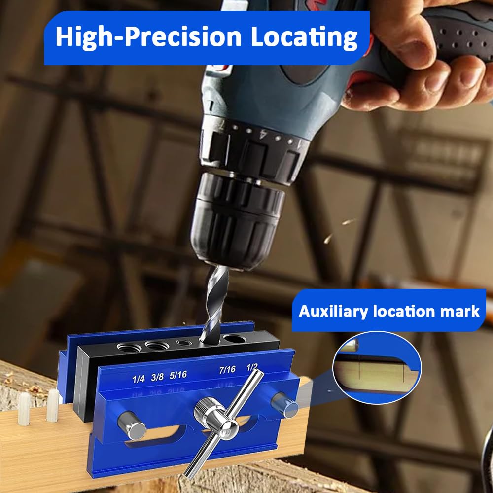 CIFUPUQU Self Centering Dowel Jig Kit,Adjustable Width Dowel Jig for Straight Holes with Elongated Jaws and Extra Wide Clamp,Biscuit Joiner Set with 6 Drill Guide Bushings CIFUPUQU