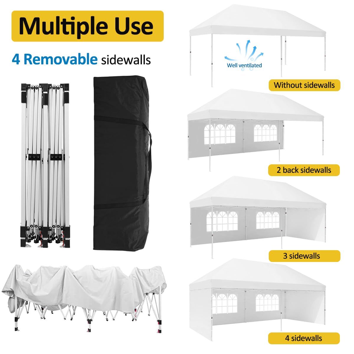Eachbid 10' x 20' Pop Up Canopy Gazebo Commercial Tent with 4 Removable Sidewalls, Large Party Tent, Event Shelter Gazebo Canopy with 4 Sandbags, Stakes X12, for Patio Party Weddings Picnic (White) Eachbid