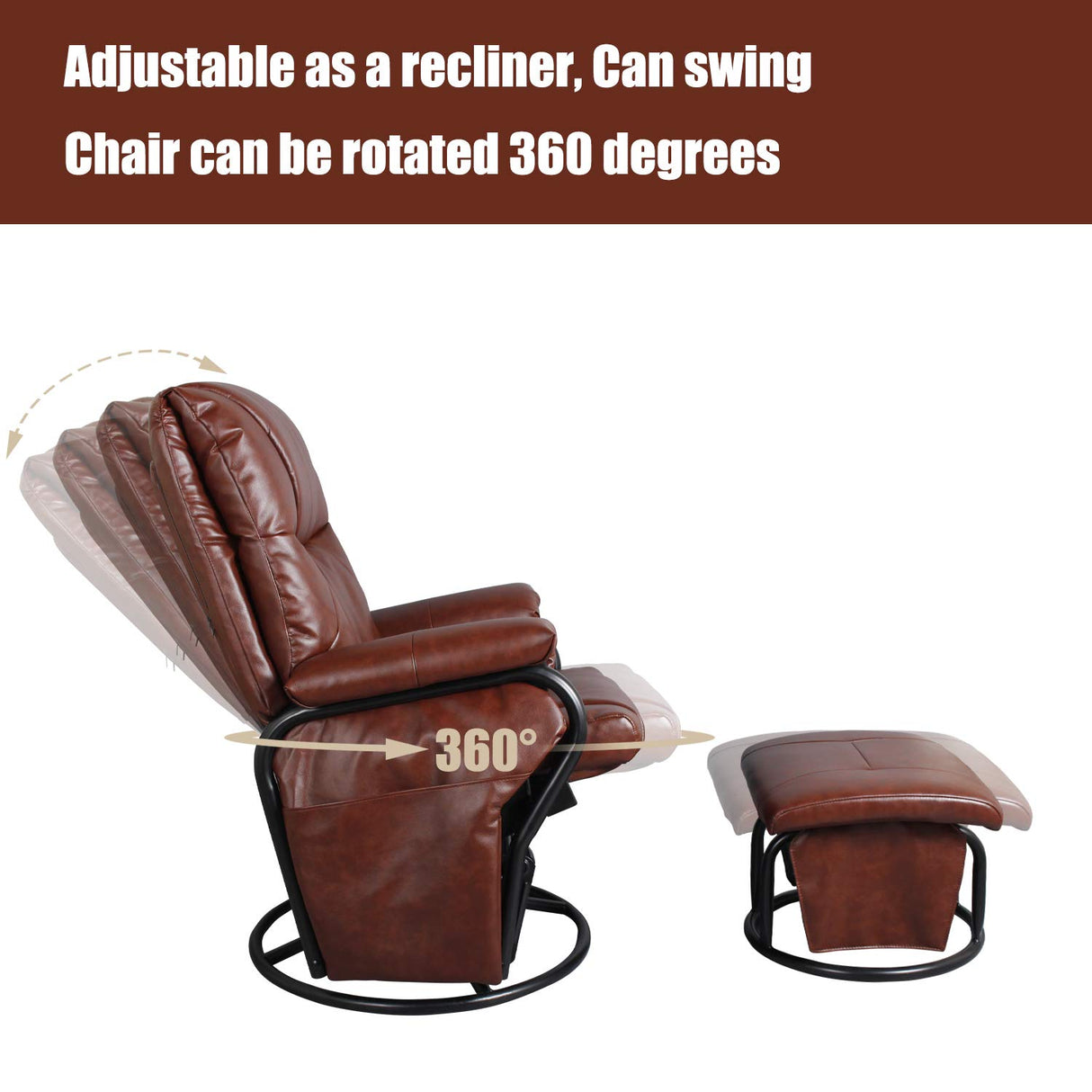JIASTING Recliner Chair with Ottoman Living Room Chairs Faux Leather Glider Chair 360 Degree Rotation Leisure and Relaxation Furniture (Red-Brown) JIASTING