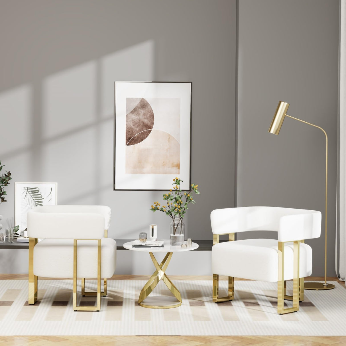 STHOUYN Modern White Accent Chair Set of 2, Boucle Barrel Chairs Set of 2, Arm Chairs for Living Room Bedroom (2, White) STHOUYN