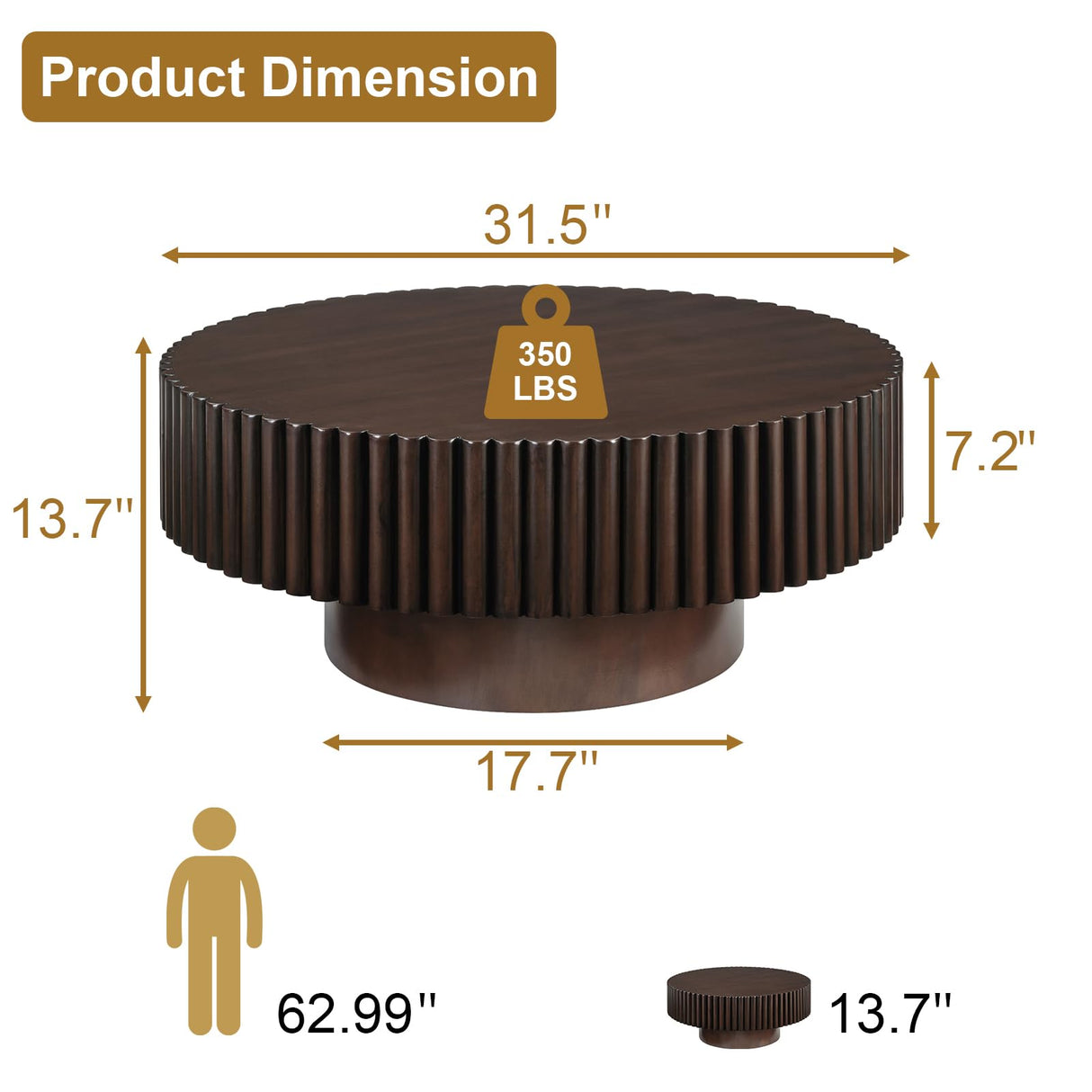 Rovibek Fluted Round Coffee Table, 31.5" Modern Wooden Coffee Table with Fluted Base, Circle Accent Center Table for Living Room Apartment Office Small Space, Easy Assembly (Brown) Rovibek