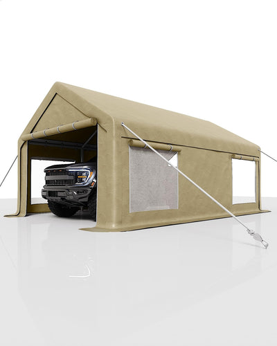 GarveeLife 12x20 Ft Carport, Car Port with 200g PE Tarp, Roll-Up Doors, and 4 Windows, for Full-Size Pickups, Bass Boats, Tractors, and SUVs, Khaki