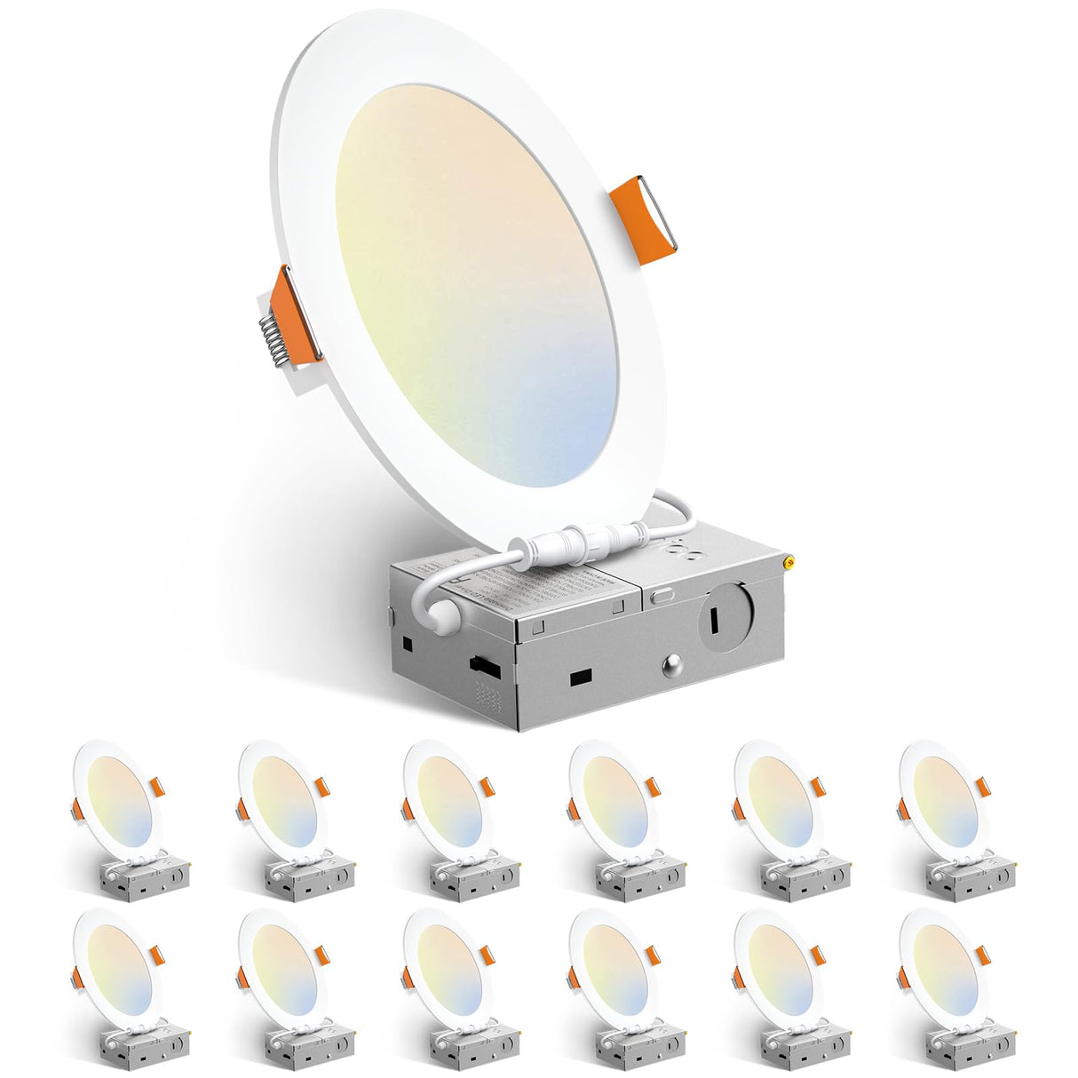 Amico 12 Pack 6 Inch 5CCT Ultra-Thin LED Recessed Ceiling Light with Junction Box, 1050LM Brightness, Dimmable Canless Wafer Downlight, 12W, ETL&FCC Amico