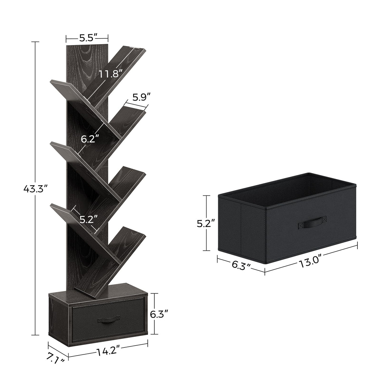 Rolanstar 7 Tier Bookshelf with Drawer, Tree Bookshelf, Small Bookshelves with Storage Rack for CDs/Movies/Books, Standing Book Shelf, Tall Narrow Bookcase for Living Room, Bedroom, Black Rolanstar
