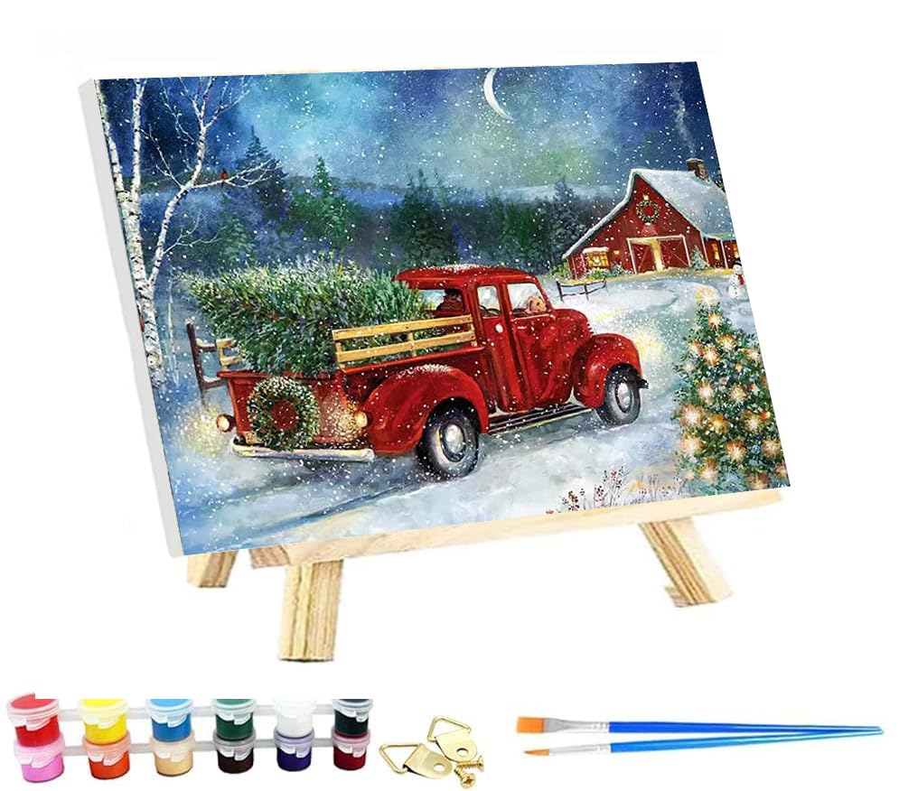 VIGEGU Christmas Paint by Numbers Kit for Adults with Framed,Truck Christmas Tree House Paint by Number DIY Acrylic Adult Paint by Number Kits for Wall Decor 10x12in VIGEGU