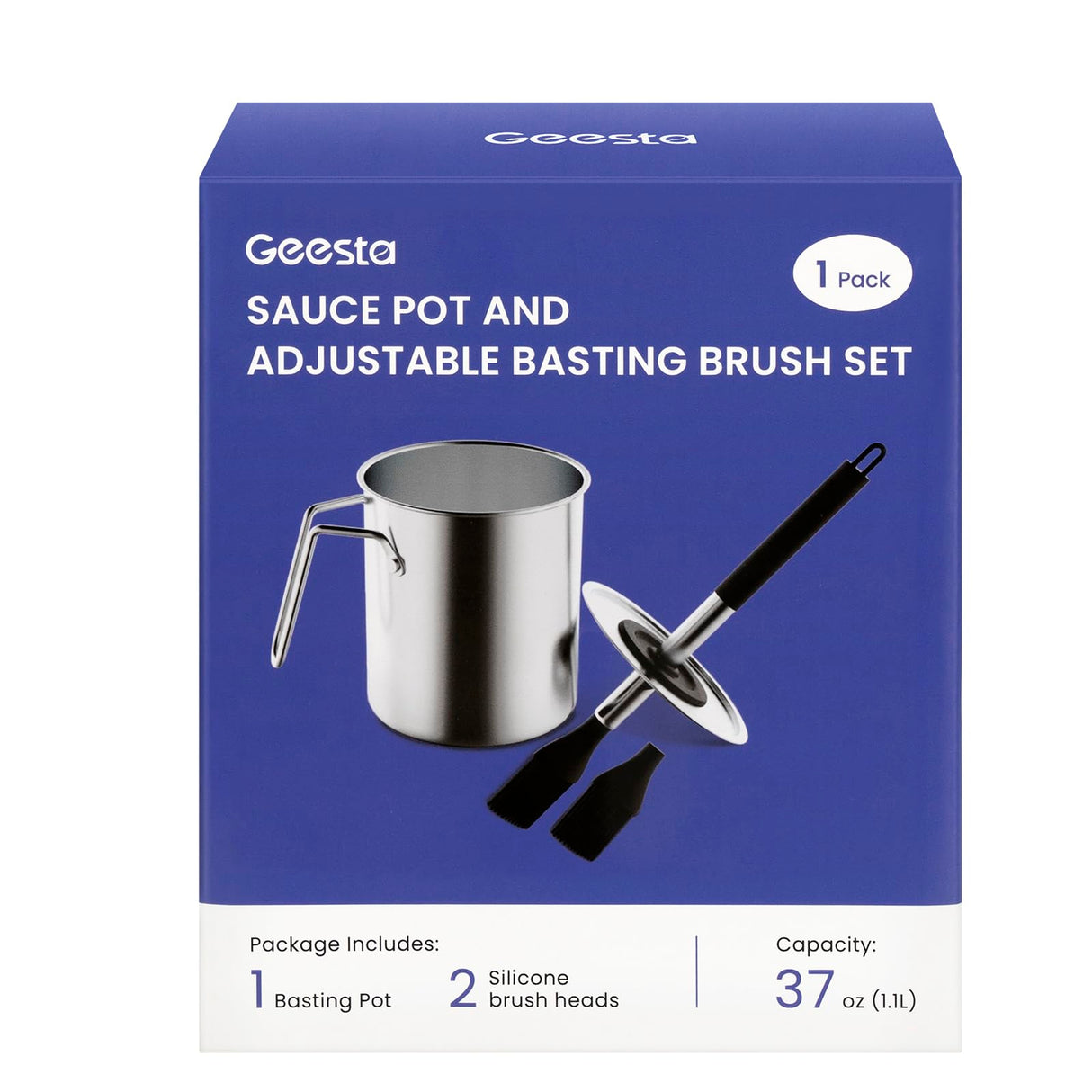 Geesta Adjustable Sauce Pot and Basting Brush Set, Long Stainless Steel Basting Brush for Cooking, Smoking, Fathers Day Grilling Gifts for Men Smoker Accessories, Large Capacity Grilling Tools, 1 Pack Geesta