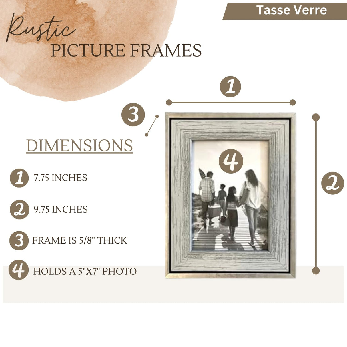 Tasse Verre 5x7 Rustic Picture Frames 3-Pack, Distressed Farmhouse-Style Table Frame, Brushed Industrial Silver Metal Look Frame with Wood Looking Insert, Ready-to-Hang Hooks. Tasse Verre