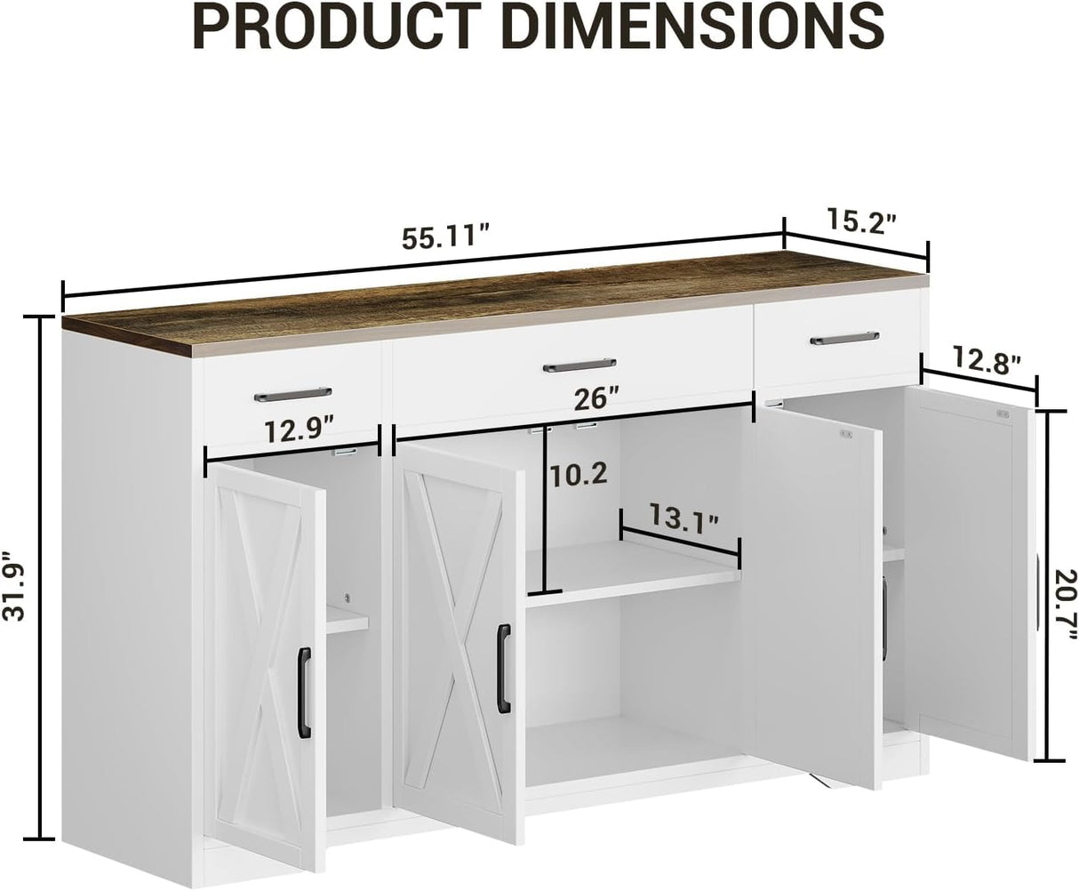 PeacefulHues Modern Buffet Sideboard Kitchen Storage Cabinet with 3 Drawers, 55" Large Farmhouse Buffet Cabinet with Shelves and Doors, Wood Coffee Bar for Living Room Dining Room Hallway White PeacefulHues