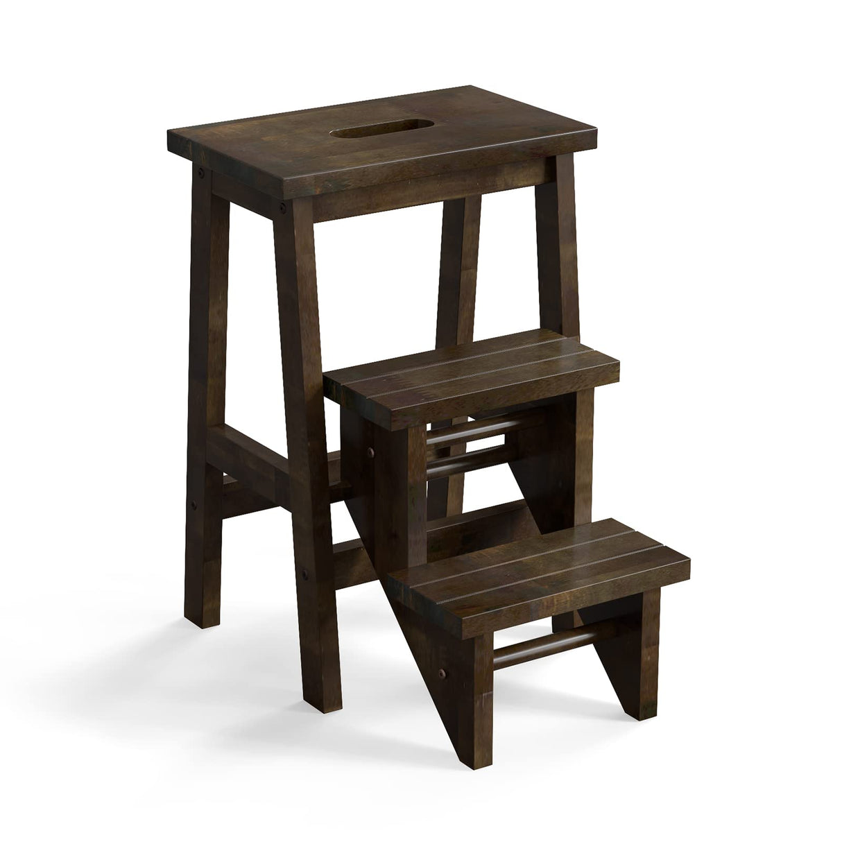 Giantex Folding 3 Tier Step Ladder, Multifunction 3-in-1 Wood Step Stool with Anti-Slip, Convenient Handle, Display Ladder and Storage Shelf for Library, Home Kitchen, Household Work, Garage (Brown) Giantex