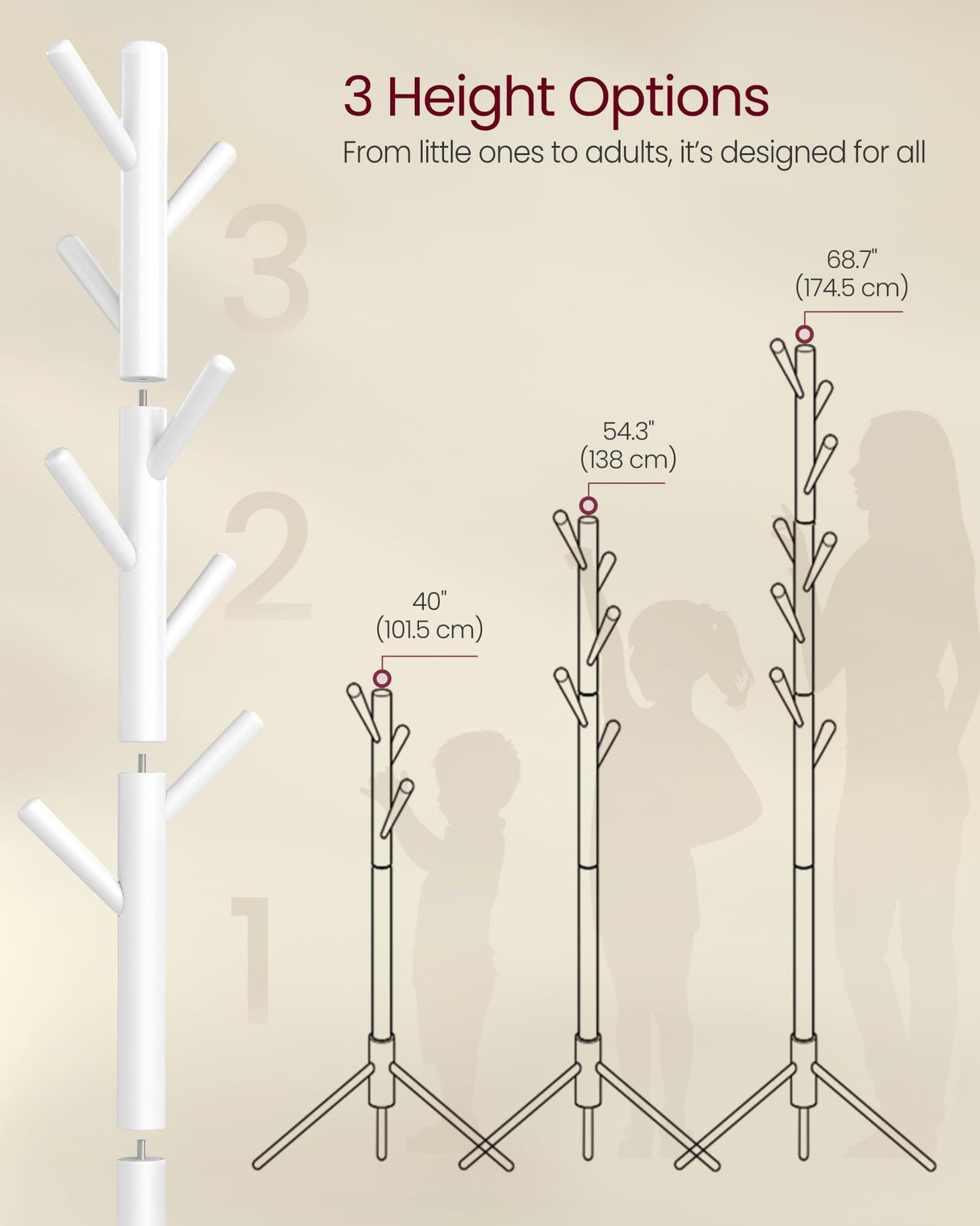 VASAGLE Solid Wood Coat Rack, Free Standing Tree-Shaped Coat Rack with 8 Hooks, 3 Height Options, for Clothes, Hats, Bags, Living Room, Bedroom, Home Office, White URCR04WT VASAGLE