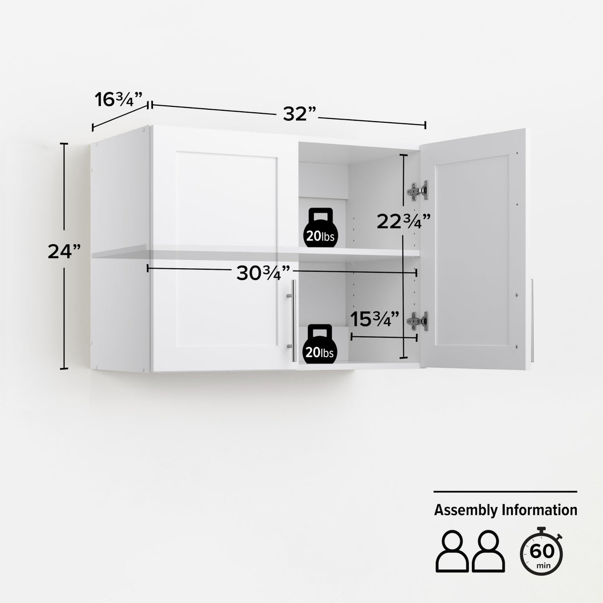 Prepac Elite 24" H Wall Cabinet with Panel Doors, White Storage Cabinet, Bathroom Cabinet, Pantry with 1 Adjustable Shelf 16.75" D x 32" W x 24" H, WSUR-1002-1 Prepac